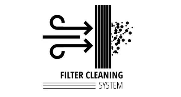 Grafický symbol systému čištění filtru se dvěma šipkami proudění vzduchu a filtrem částic.