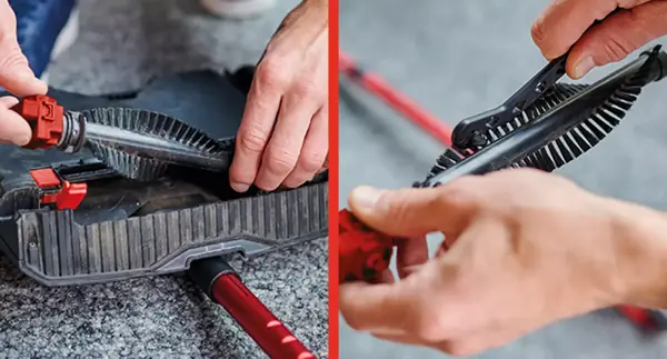 Az Einhell TE-FS 18 Li akkumulátoros seprű két részre osztott képe: bal oldalon az eltávolított kefehenger, jobb oldalon a henger kézi tisztítása látható.