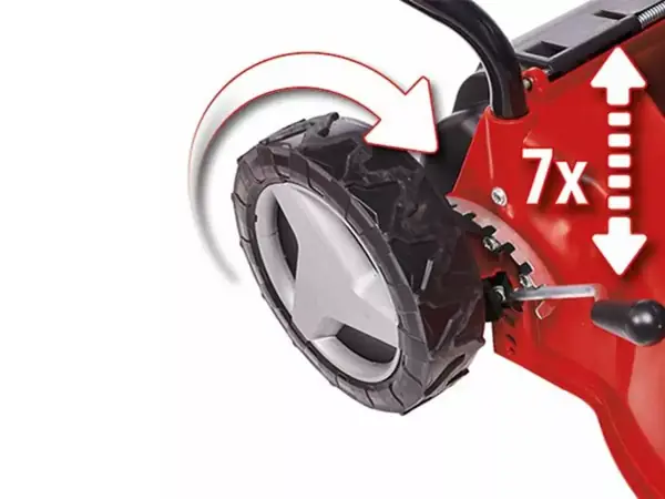 Zentrale, 7-fache Schnitthöhenverstellung am Hinterrad des Einhell Benzin-Rasenmähers GC-PM 40/2 S.