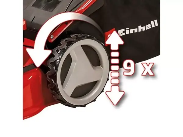 Centrální 9polohové nastavení výšky sečení na zadním kole benzinové sekačky Einhell GC-PM 46 SM HW-E Li.