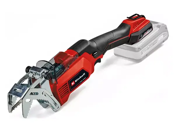 Boční pohled na akumulátorovou prořezávací pilu Einhell GE-GS 18/150 Li-Solo na bílém pozadí.