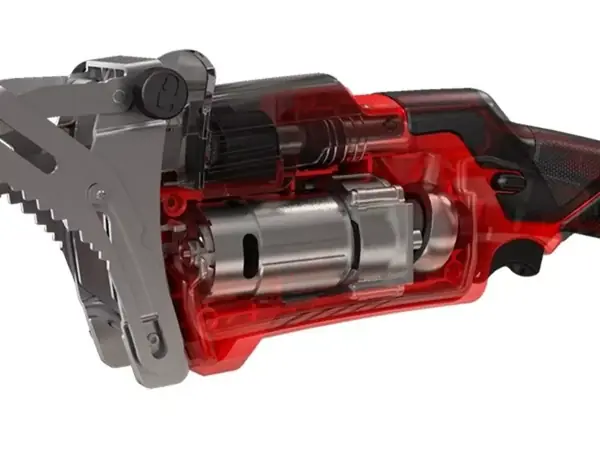 Detailní pohled na vnitřní mechanismus akumulátorové prořezávací pily Einhell GE-GS 18/150 Li-Solo s kovovým převodem.