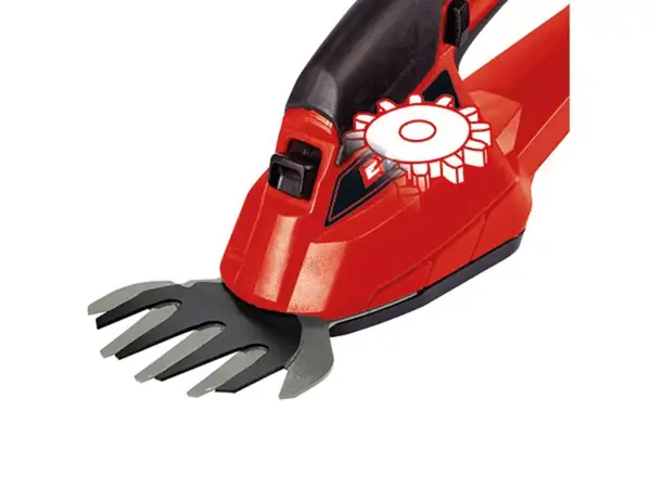 Grafische Darstellung des Metallgetriebes der Einhell Akku-Grasschere GC-CG 18/1 Li-Solo mit eingesetztem Grasscherenmesser.