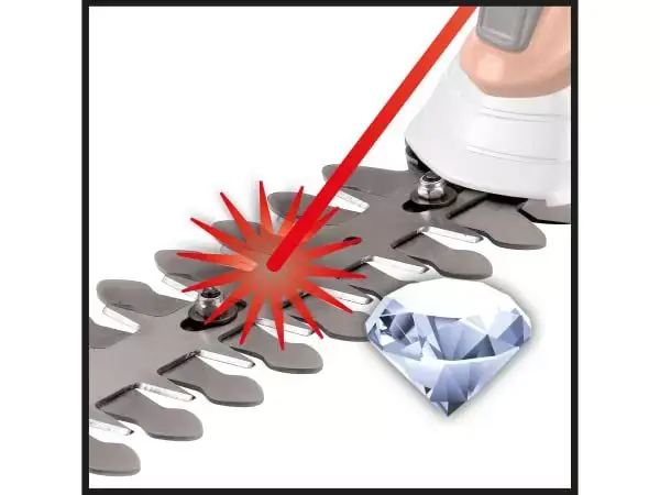 Jako obrázek 2 ale s delším nožem na stříhání keřů laserový paprsek a symbol diamantu jsou přímo na čepeli