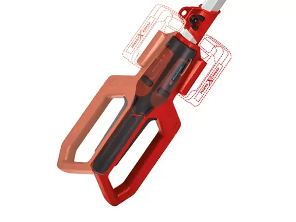 Der Griff der Einhell Akku-Teleskop-Heckenschere GC-HH 18/45 Li T-Solo mit zwei Steckplätzen für Power X-Change Akkus.