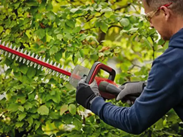 Akumulátorové nůžky na živý plot Einhell GC-CH 18/40 Li-Solo při stříhání živého plotu z boku.
