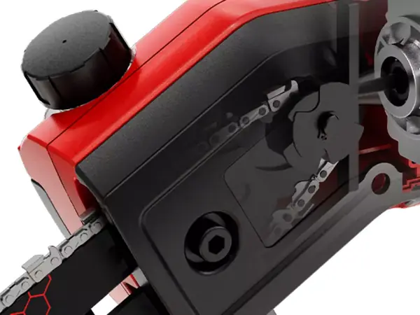 Detailní pohled na automatické mazání řetězu na akumulátorové tyčové nůžky Einhell GP-LC 18/20 Li T BL-Solo.