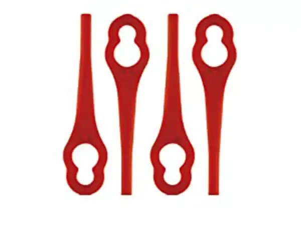 Tři červené náhradní nože s oválnými výřezy pro aku sekačku na trávu Einhell GC-CT 18/24 Li P na bílém pozadí.