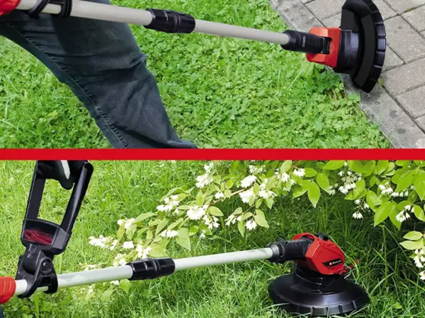 Zwei Anwendungsbeispiele des Einhell Akku-Rasentrimmers GE-CT 18 Li-Solo bei der Rasenpflege entlang von Rasenkanten.