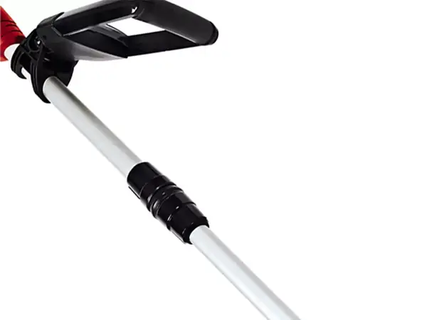 Der Griff- und Schaftbereich des Einhell Akku-Rasentrimmers GE-CT 18 Li-Solo mit verstellbarem Zusatzhandgriff auf weißem Hintergrund.