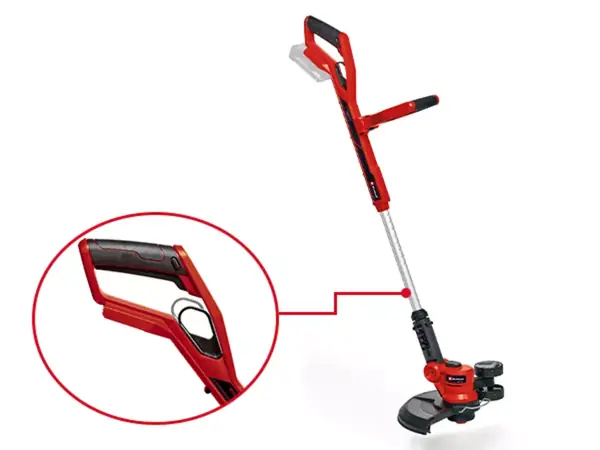 Aku vyžínač Einhell GE-CT 18/30 Li-Solo s vyznačením nastavení rukojeti v kombinovaném pohledu na produkt a detail.