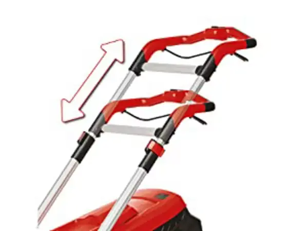 Grafik des höhenverstellbaren Holms des Einhell Akku-Rasenmähers RASARRO 36/38, mit Pfeilen zur Höhenanpassung.