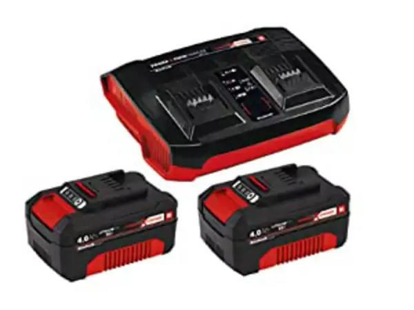 Grafik zeigt das Zubehör des Einhell Akku-Rasenmähers RASARRO 36/38: zwei Akkus und ein Doppelladegerät.