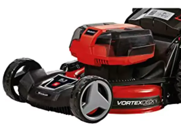 Detailansicht des Gehäuses vom Einhell Akku-Rasenmäher GP-CM 36/47 S HW Li mit sichtbarem Vortex-Design.