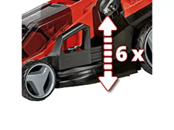 Aku sekačka Einhell GE CM 36 36 Li 2x4 0 Ah s šestinásobným centrálním nastavením výšky sečení zobrazená se šipkami