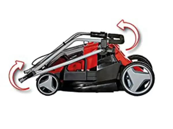 Aku sekačka Einhell GE CM 36 36 Li 2x4 0 Ah se sklopnou vodicí tyčí zobrazená s červenými šipkami