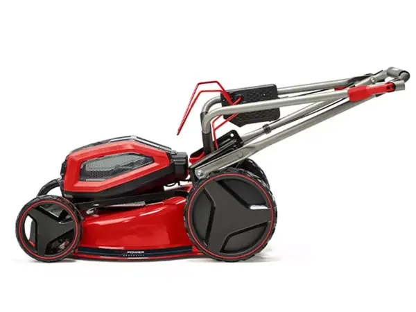 Der Einhell Akku-Rasenmäher GP-CM 36/47 S Li BL seitlich mit eingeklapptem Führungsholm auf weißem Hintergrund.