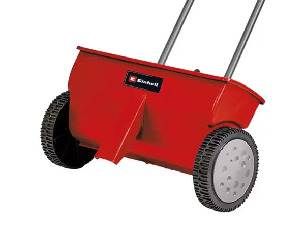 Rozmetadlo Einhell GC-SR 12 v bočním pohledu se zaměřením na červenou nádobu na posyp.