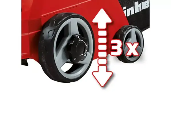 Seitliche Ansicht des Einhell Elektro-Vertikutierer-Lüfters GC-SA 1231/1 mit Symbol zur 3-fachen Arbeitstiefeneinstellung.