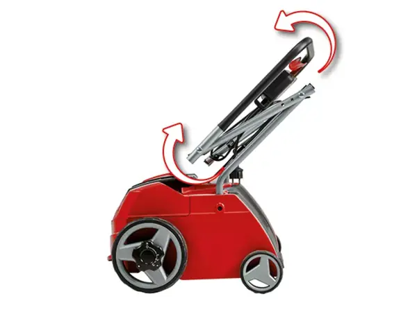 Der Einhell Elektro-Vertikutierer-Lüfter GC-SA 1231/1 mit eingeklapptem Führungsholm und rotem Pfeil zur Faltfunktion.