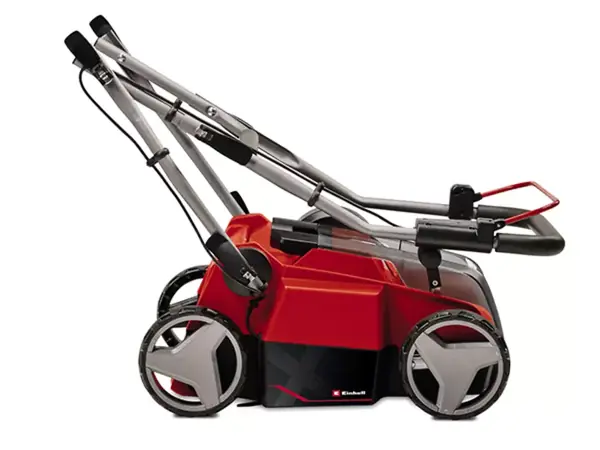 Der Einhell Akku-Vertikutierer-Lüfter GE-SA 36/35 Li-Solo seitlich auf weißem Hintergrund mit eingeklapptem Führungsholm.