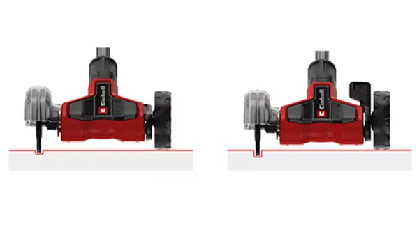 Dva pohledy na nastavitelná vodicí kolečka aku čističe spár Einhell GE-CC 18/110 Li E-Solo pro různé hloubky spár.