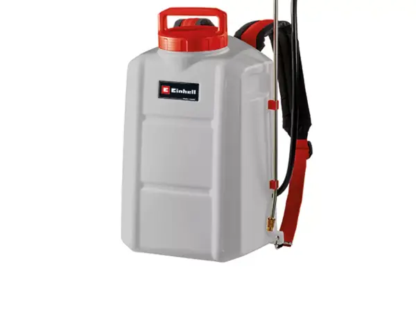 Das Einhell Akku-Drucksprühgerät GE-WS 18/150 Li-Solo mit großem, transparentem Tank, rotem Tragegriff und schwarzer Sprühlanze auf weißem Hintergrund.