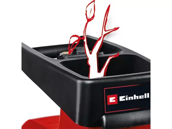 Násypný otvor elektrického tichého drtiče Einhell GC-RS 60 CB s červenou grafikou vkládané větve.