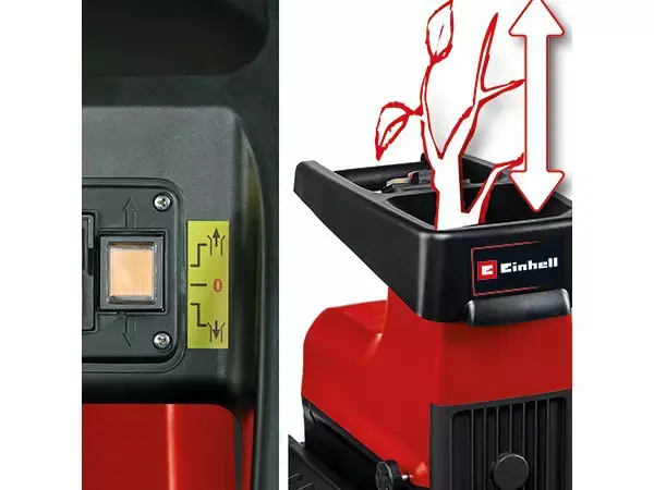 Znázornění procesu řezání v elektrickém tichém drtiči Einhell GC-RS 60 CB s grafikou větve a pohledem na vypínač.