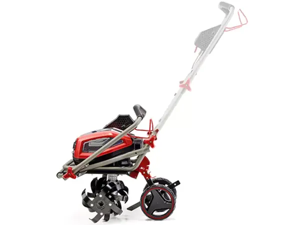 Az Einhell GP-CR 36/45 Li E BL akkumulátoros kapálógép helytakarékos tárolása, lehajtható tolórúddal a maximális helykihasználás érdekében.