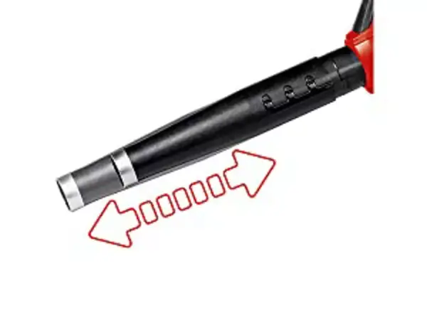 Foukací trubice akumulátorového fukaru Einhell GP-LB 36/210 Li E je odnímatelná a délkově nastavitelná, znázorněno červenými šipkami.