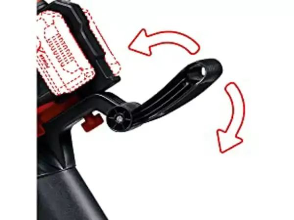 Nastavitelná přídavná rukojeť aku vysavače listí Einhell GE CL 36 230 Li E Solo se dvěma červenými šipkami znázorňujícími pohyb