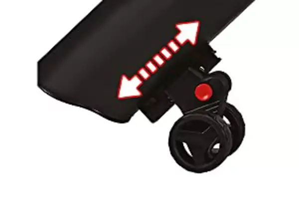 Výškově nastavitelná vodicí kola pod sací trubicí aku vysavače listí Einhell GE CL 36 230 Li E Solo s červenou pákou pro nastavení