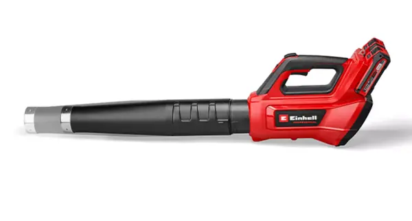 Akumulátorový foukač listí Einhell GP-LB 36/230 Li E BL-Solo s nasazenou nastavitelnou foukací trubicí na bílém pozadí.