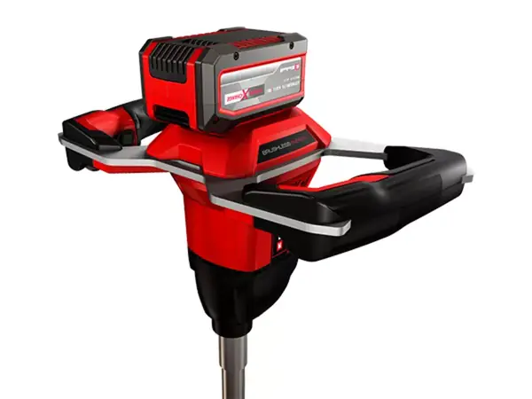 Der Einhell Akku-Erdbohrer GP-EA 18/150 Li BL von schräg oben mit eingesetztem Akku auf weißem Hintergrund.