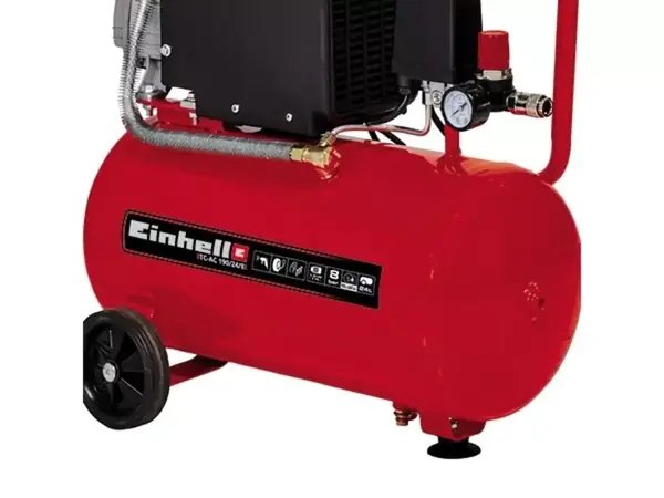 Kompresor Einhell TC-AC 190/24/8 z bočního pohledu s viditelnou tlakovou nádobou, motorem a koly.