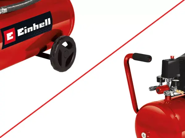 Gummierte Räder und Griff des Einhell Kompressors TC-AC 420/50/10 V für den Transport; Akku nicht enthalten (durchgestrichen dargestellt).