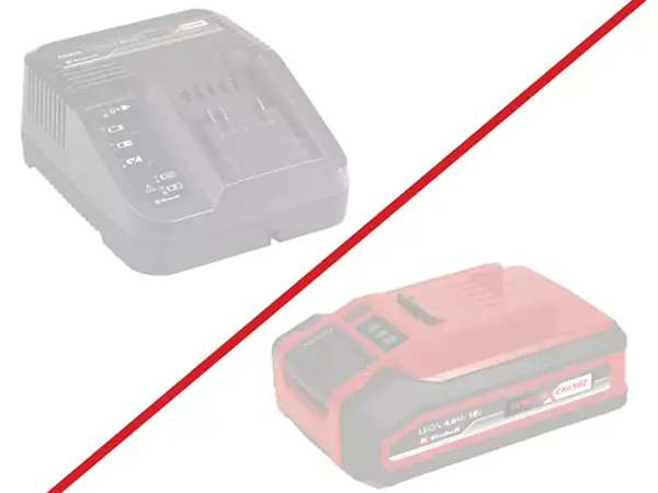 Ausgegrautes Ladegerät und Akku mit rotem Schrägstrich, Hinweis auf nicht enthaltenes Zubehör.