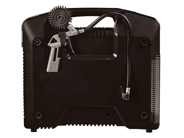 Rückansicht des Kompressors mit montierter Ausblaspistole.