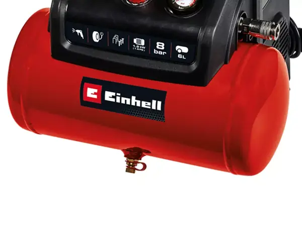 Der Einhell Kompressor TC-AC 190/6/8 OF Set mit rotem 6-Liter-Drucklufttank auf weißem Hintergrund.