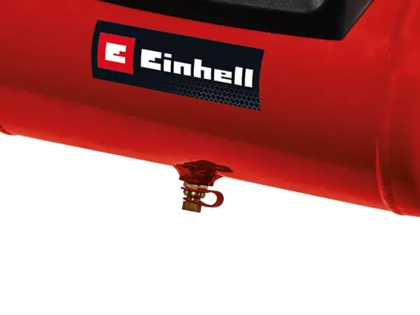 Detailní pohled na vypouštěcí šroub na červené nádrži kompresoru Einhell TC-AC 190/6/8 OF Set.
