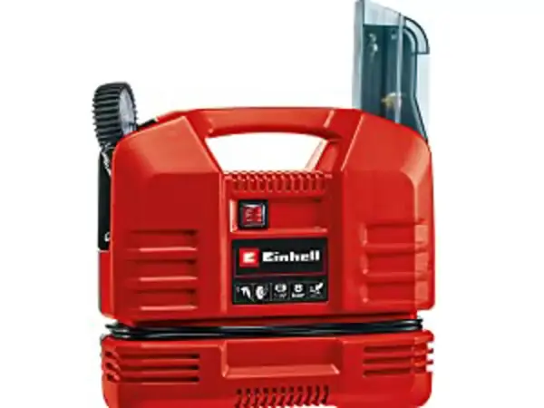 Rückansicht des Einhell Koffer-Kompressors TC-AC 190 OF Set mit geöffnetem Zubehörfach oben.