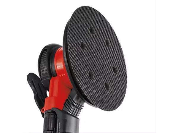 Brusný talíř pneumatické excentrické brusky Einhell TC-PE 150 v černé barvě, namontovaný svisle.