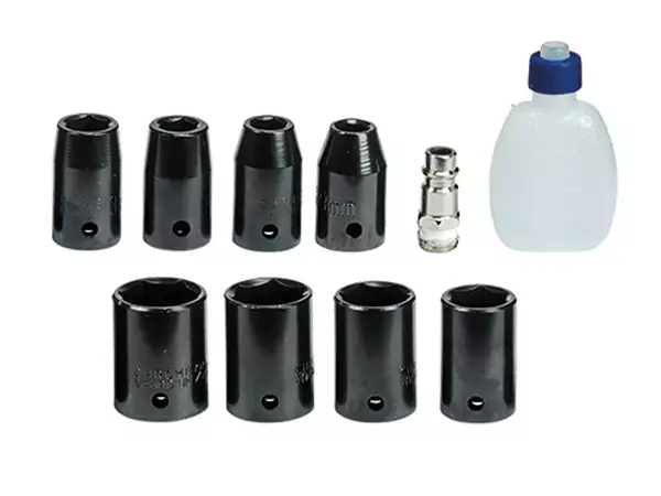 Sada príslušenstva pre Einhell TC-PW 340 s deviatimi nástavcami, olejničkou, adaptérom a vsuvkou.