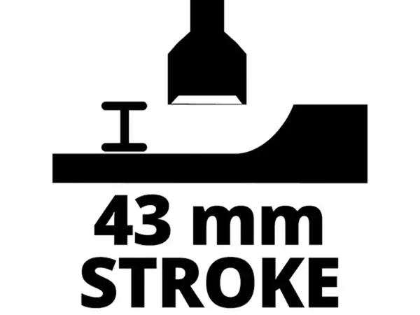 Symbolová grafika se sekáčem a kovadlinou a údajem „43 mm STROKE“ o zdvihu TC-PC 45.
