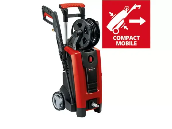 Vysokotlaký čistič Einhell TE-HP 170 s rukojetí a koly pro snadnou přepravu na bílém pozadí.