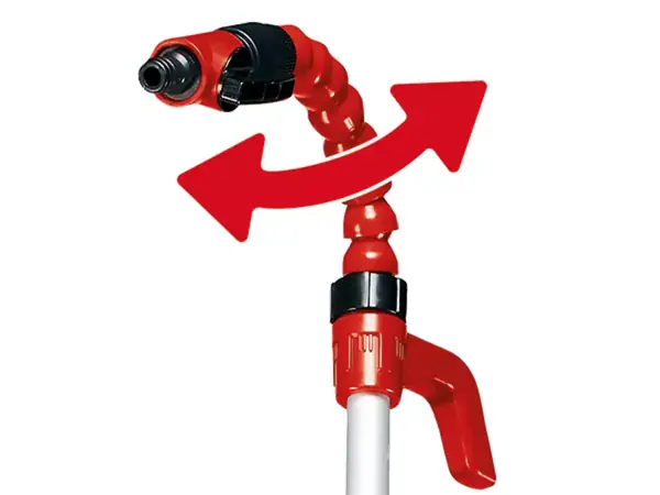 Ohebný husí krk sudového čerpadla Einhell GE-PP 5555 RB-A s červenými šipkami znázorňujícími jeho pohyblivost.