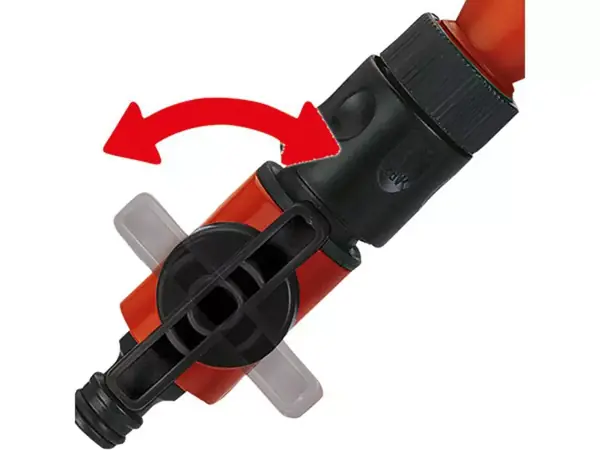 Detail uzavíracího kohoutu na husím krku sudového čerpadla Einhell GE-PP 5555 RB-A s červenou šipkou pro otevírání a zavírání.