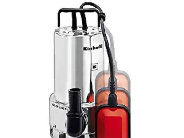 Čerpadlo na špinavou vodu Einhell GC-DP 1020 N s nerezovým krytem a bočně umístěným plovákovým spínačem.