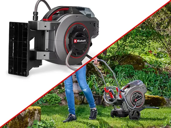 Bezdrátový hadicový naviják Einhell GE-HR 18/30-1 Li s vozíkem a nástěnným držákem, kombinovaný v jednom obrázku.